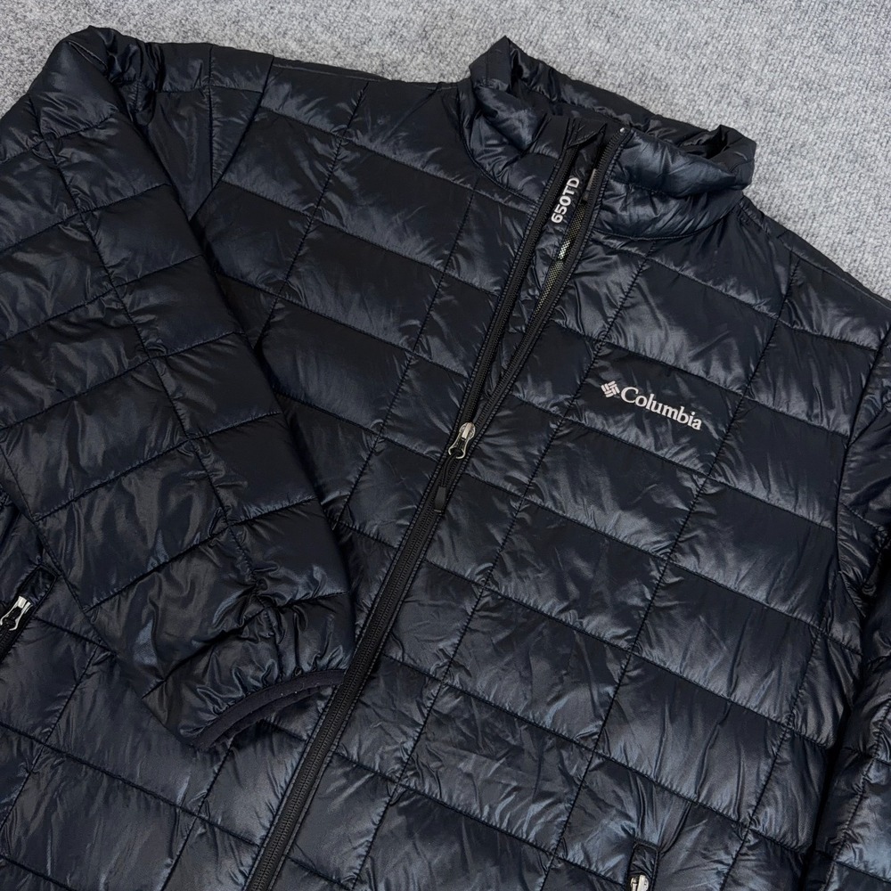 Columbia Turbo Puffer Down Jacket Mens Large Black Omni Heat 650TD Full Zip